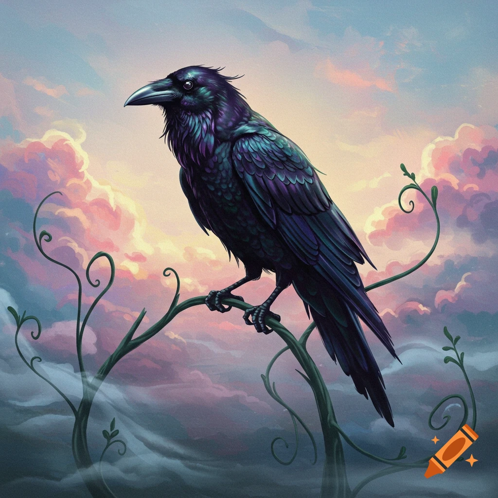 A stylized, iridescent raven perches on a winding branch against a vibrant pink and blue sunset sky with clouds.