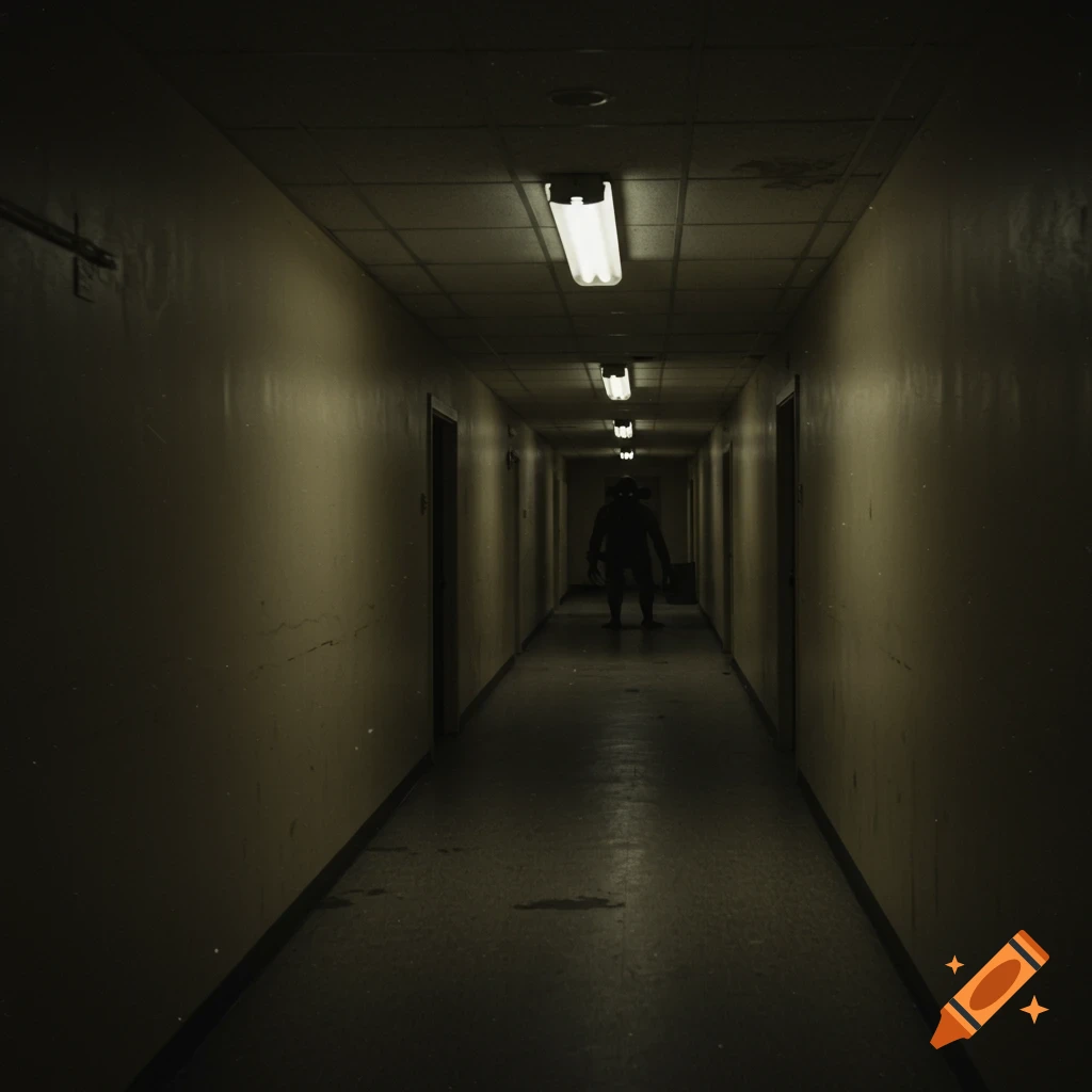 A dark, eerie hallway with fluorescent lights and a shadowy monster lurking in the distance, in a VHS horror style.