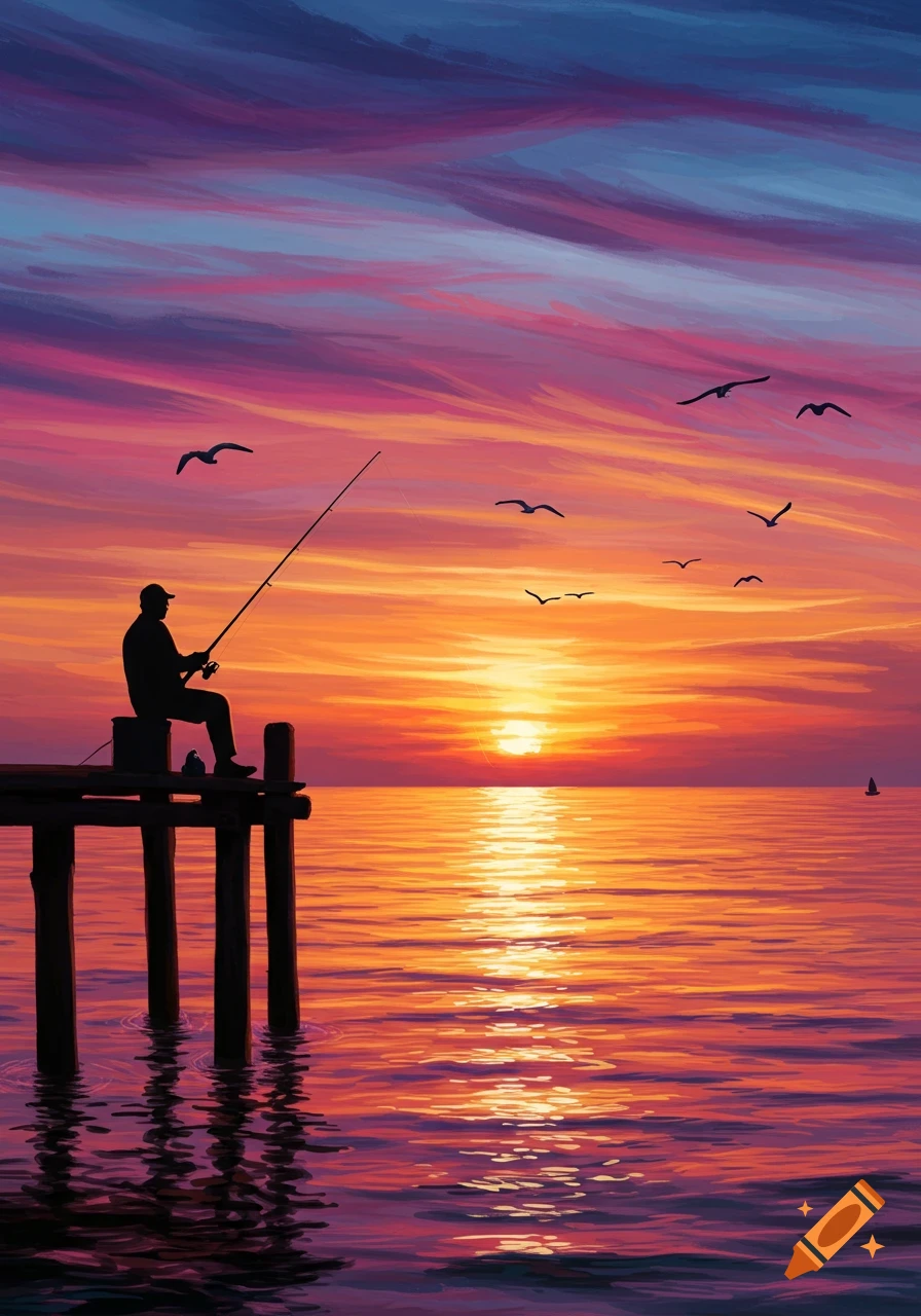 Silhouette of a fisherman on a pier casting a line into the water at a vibrant sunset with birds flying.