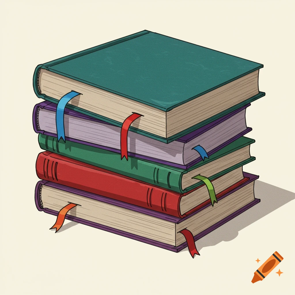 A stack of five colorful hardcover books with bookmarks in a clipart style.