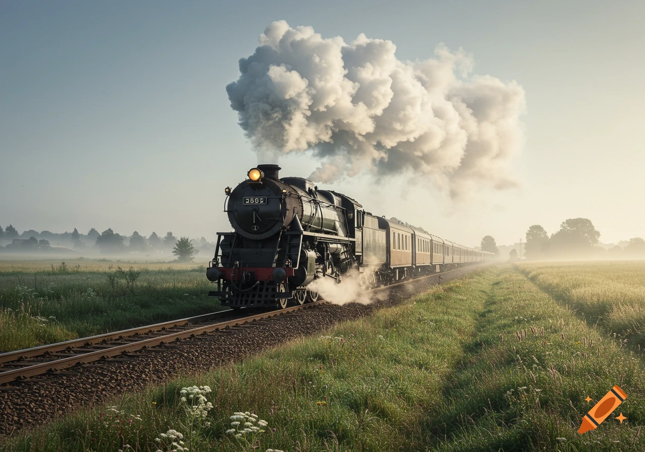 A vintage black steam train travels through a misty, sunlit green field with tall grass, emitting a large plume of smoke.