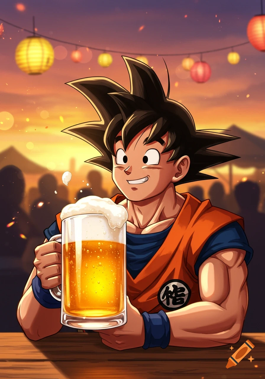Goku from Dragon Ball smiles happily, holding a frothy mug of beer at an outdoor festival with lanterns at sunset in anime style.