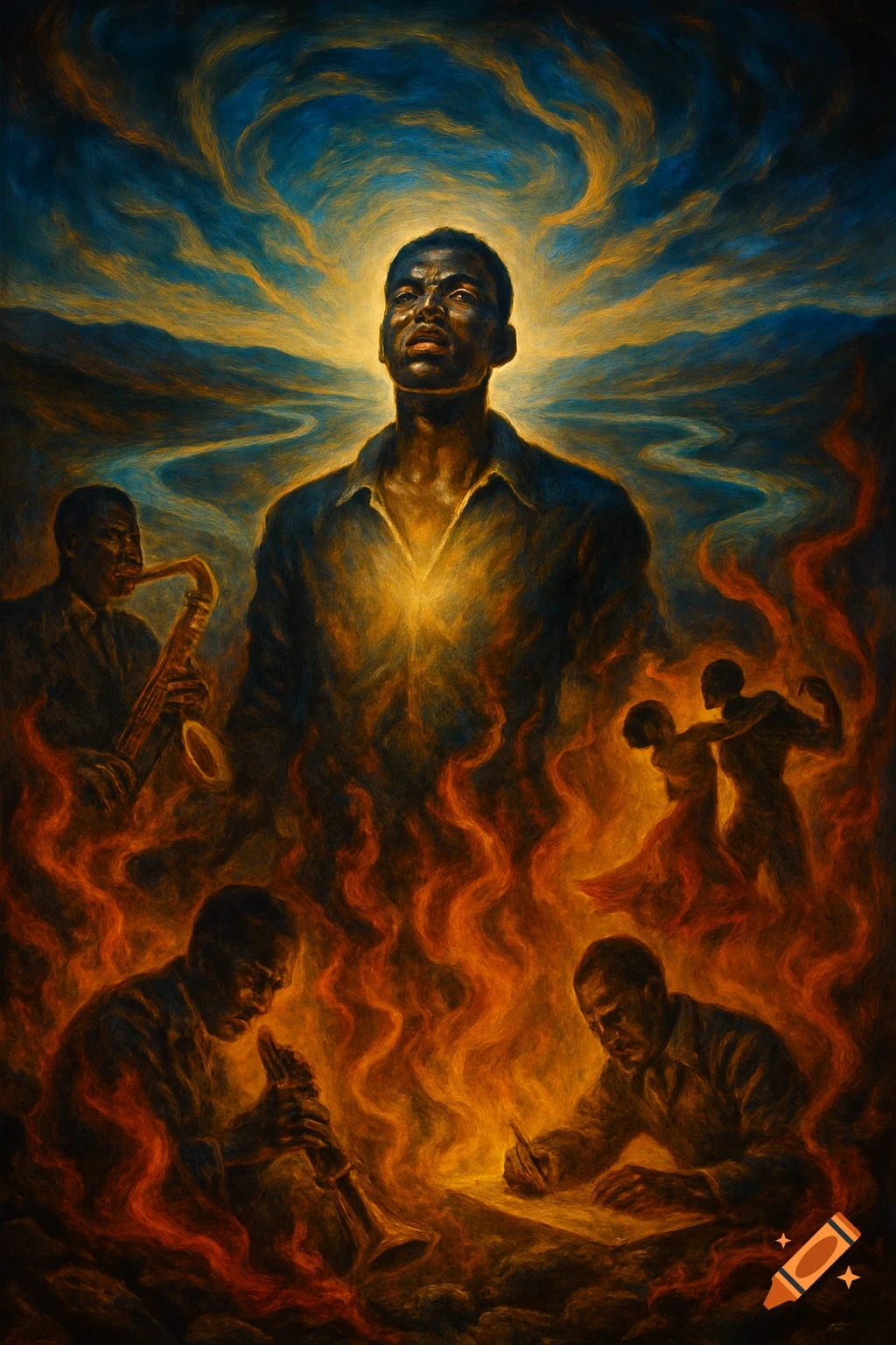 A symbolic Harlem Renaissance painting: a man rises from fiery ashes, flanked by musicians, dancers, and a writer, under a swirling sky.