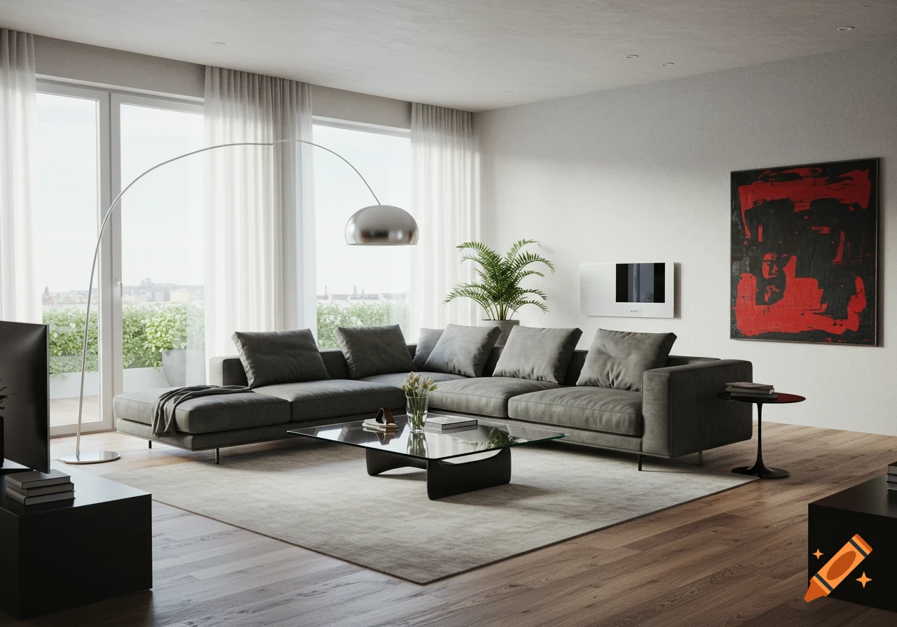 A photorealistic image of a spacious, modern living room with a large gray sectional sofa, a glass coffee table, and an arc lamp.