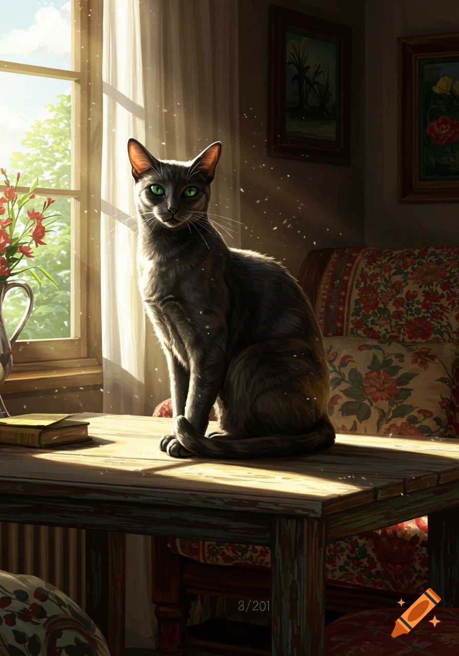 A dark gray cat with striking green eyes sits on a sunlit wooden table next to a window in a detailed painting.