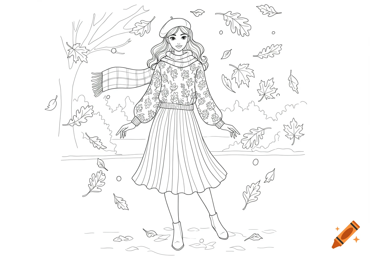 Line art of a woman in a beret, patterned sweater, pleated skirt, and boots, with autumn leaves falling around her.