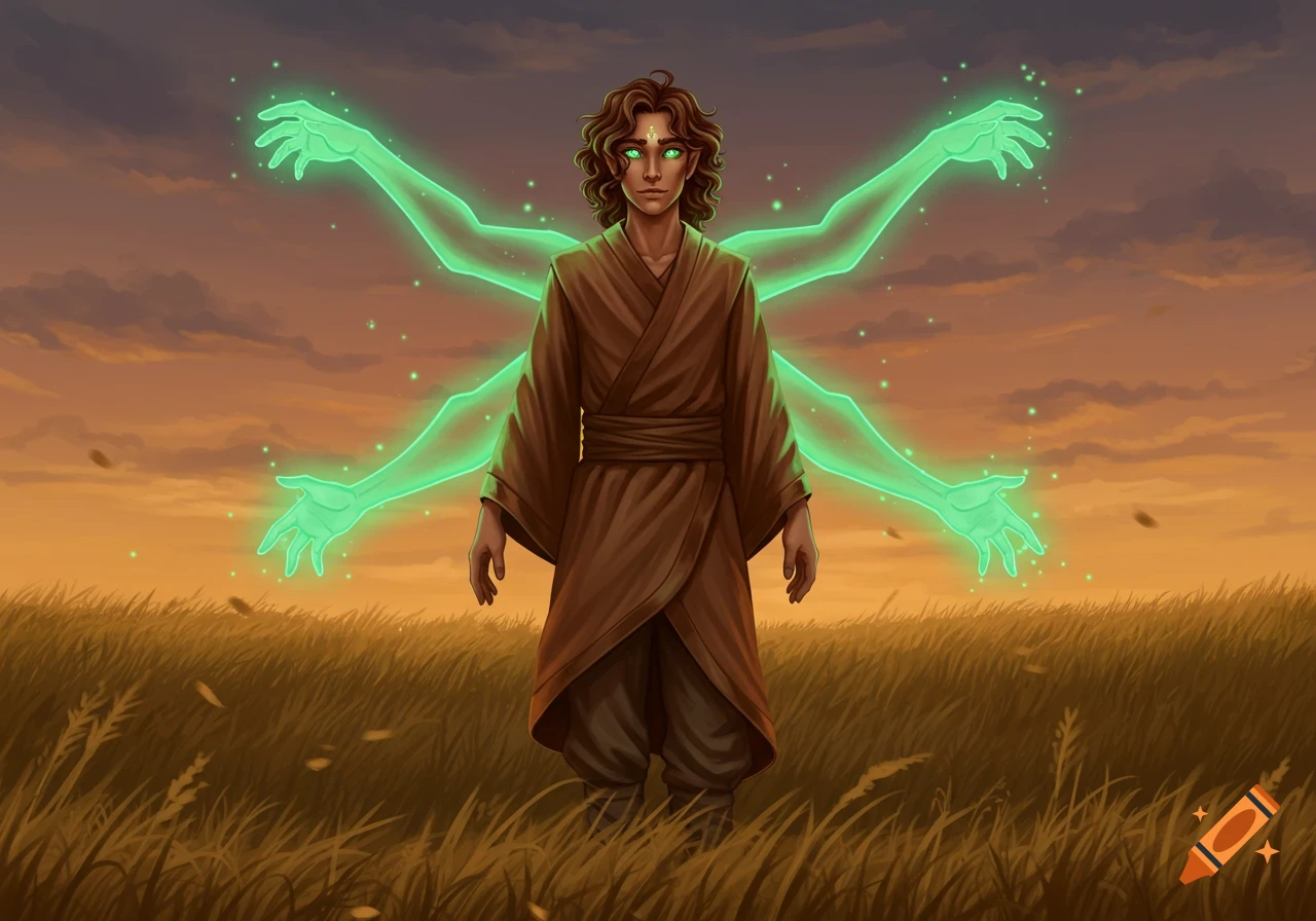 An illustration of a young man with glowing green eyes and four spectral green arms, standing in a grassy field at sunset.