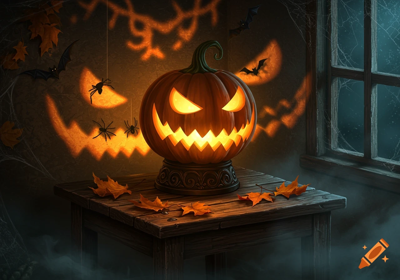 A glowing jack-o'-lantern on a wooden table with spiders, bats, and autumn leaves in a spooky, cobwebbed room.