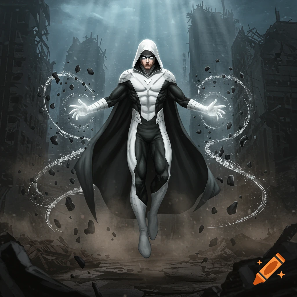 A white and black hooded superhero floats amidst a ruined city, telekinetically lifting debris in a comic art style.