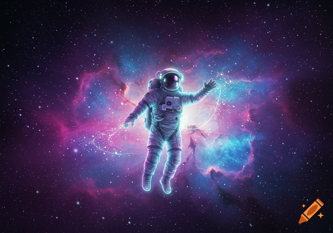 An astronaut floats in vibrant outer space against a purple and blue nebula, with sparkling light trails from their hands.