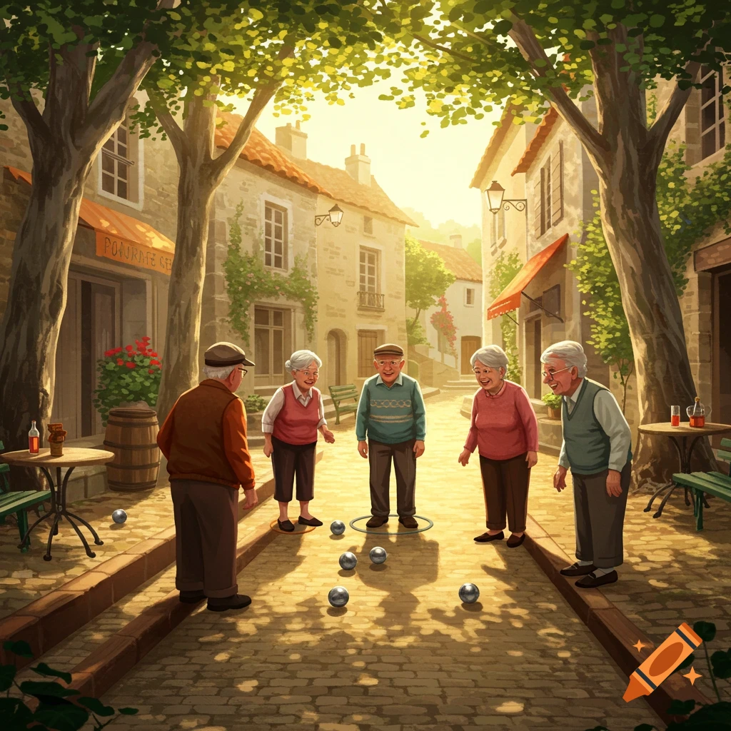 Elderly people play bocce in a sunny, illustrated European town street lined with buildings and trees.
