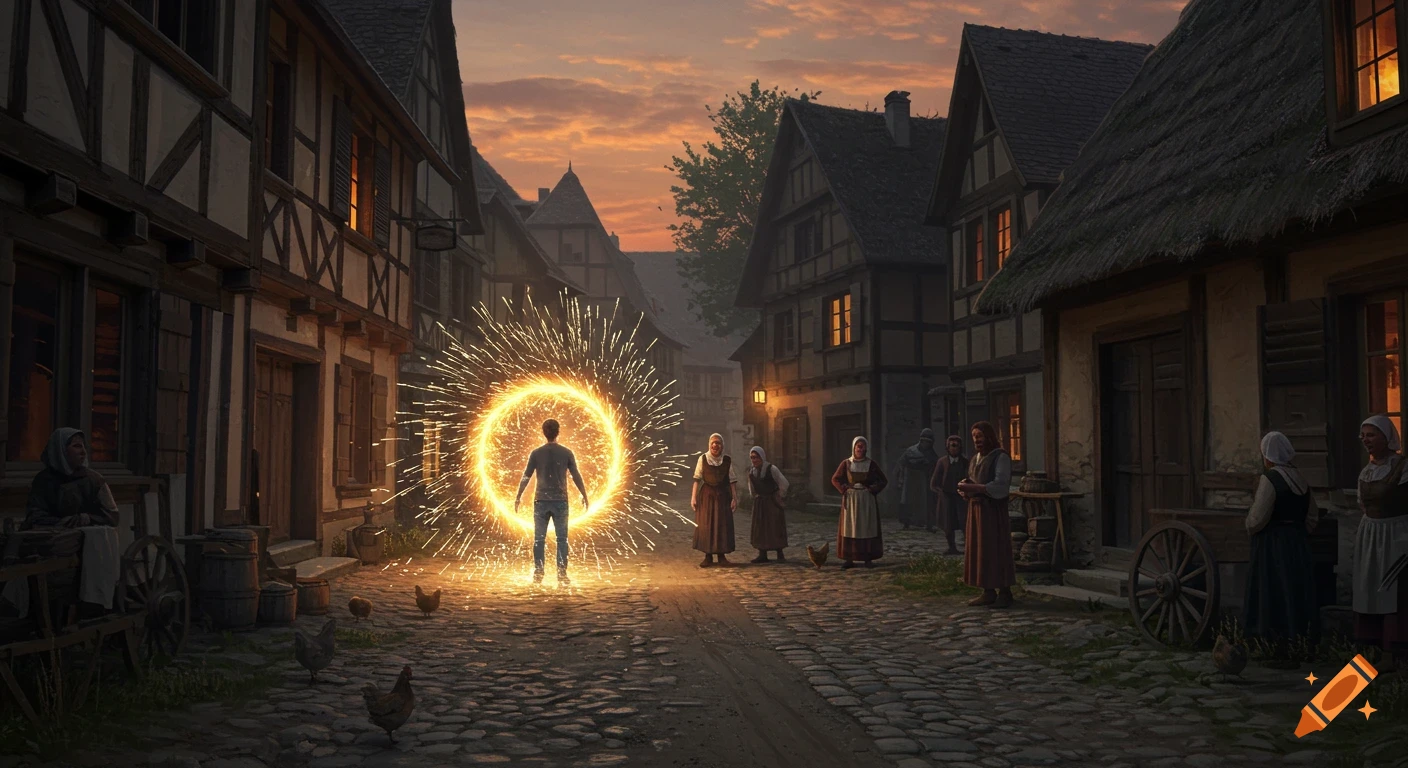 A man emerges from a sparkling energy portal onto a cobblestone street in a medieval Alsatian village at sunset, observed by villagers.