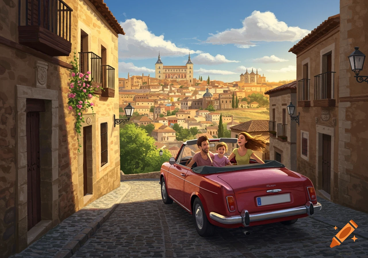 An illustrated family drives a red convertible down a cobbled street with a sunny, walled city in the background.