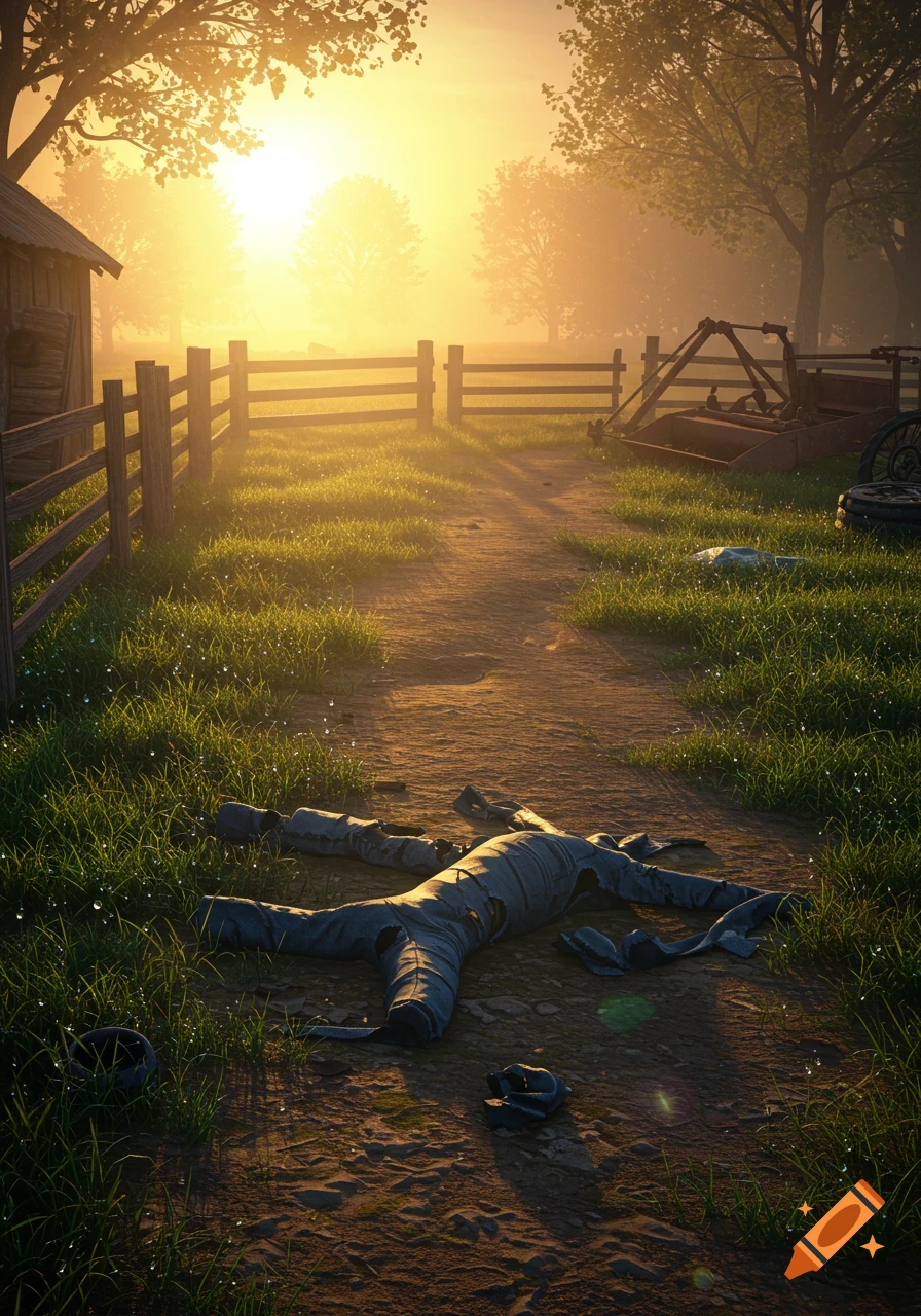 Tattered pants lie on a dirt farm road in a bright, dewy morning landscape with a barn and fence in the background.