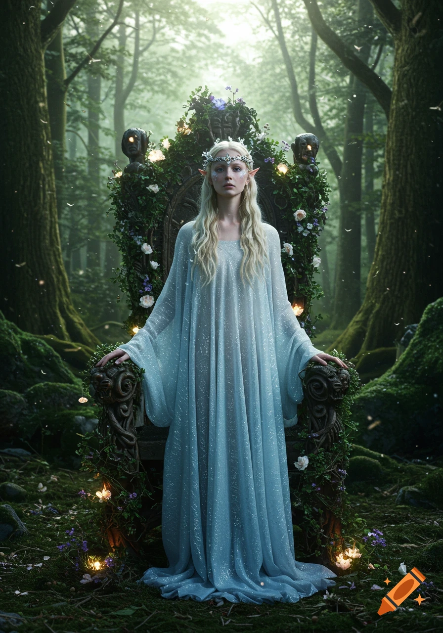 A blonde elf with pointed ears and a silver crown stands in a shimmering blue gown before a vine-covered throne in an enchanted forest.