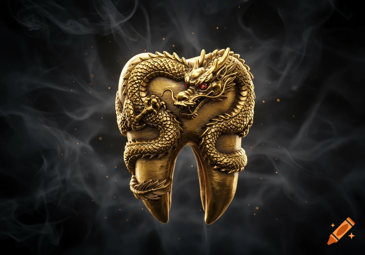 Golden tooth sculpture intricately carved with a coiling dragon and red eyes, against a smoky dark background.