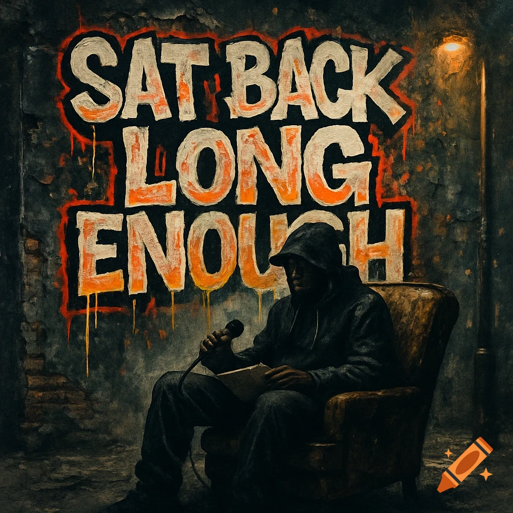 Shadowy figure in hoodie sits with microphone and notepad, against a gritty wall with graffiti 'SAT BACK LONG ENOUGH'.