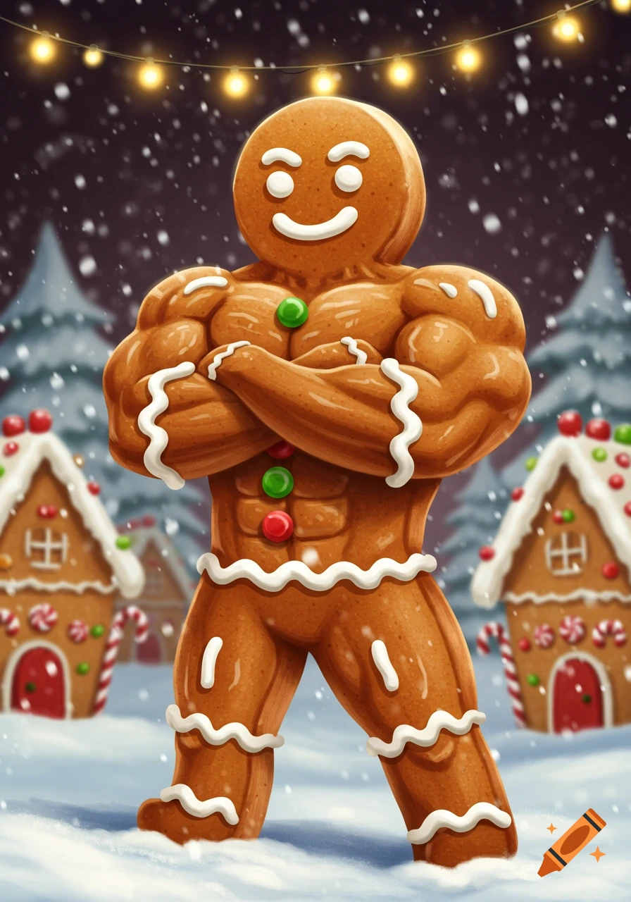 A muscular gingerbread man with arms crossed, standing in a snowy Christmas village with gingerbread houses and string lights. Cartoon style.