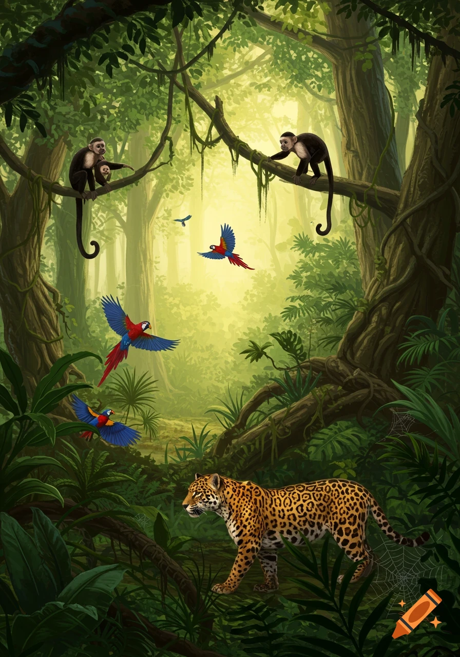 A vibrant illustration of a jaguar walking through a lush jungle with monkeys in trees and colorful parrots flying.