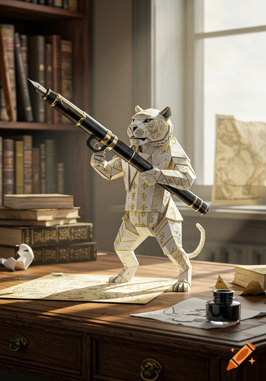 A white and gold papercraft tiger holds a large fountain pen like a bazooka on a wooden desk in a study with books.