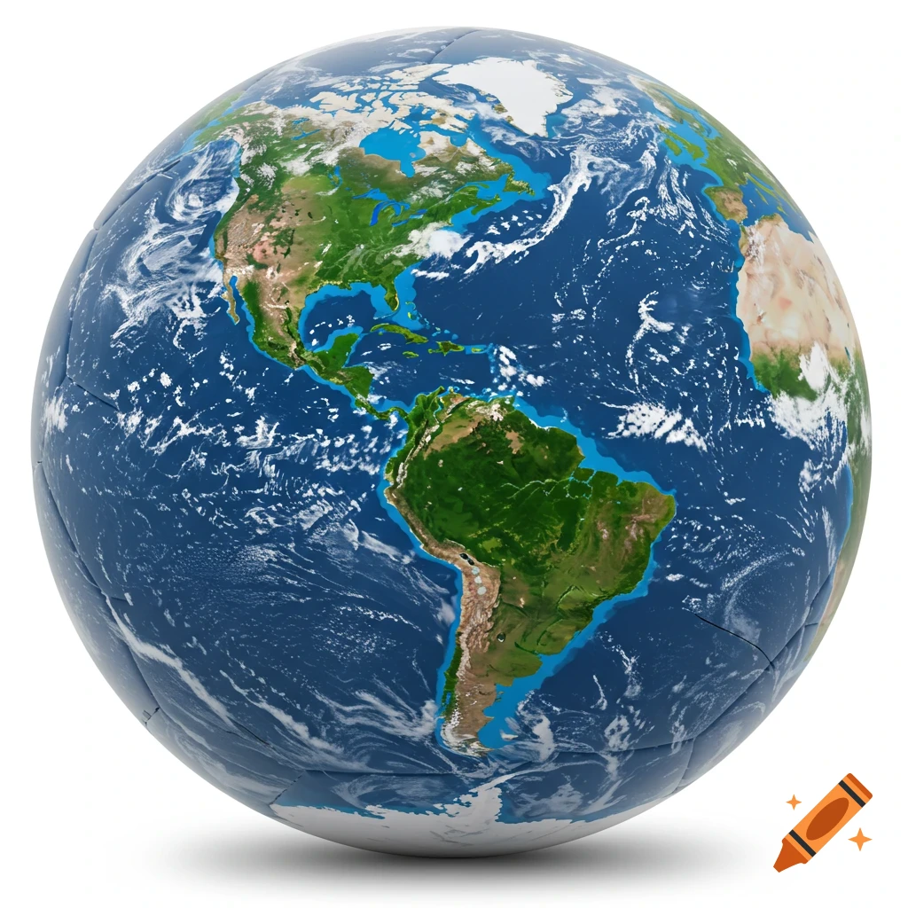 Stylized globe resembling a soccer ball, showing North and South America, Europe, and Africa with green landmasses and blue oceans.