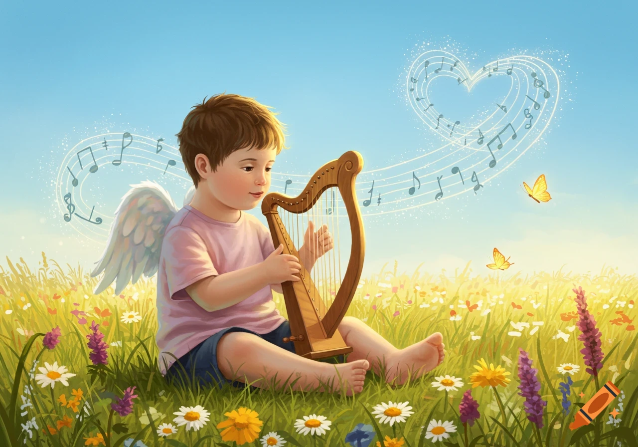 A cute child with angel wings plays a harp in a sunny field of wildflowers, with musical notes forming a heart in the sky.