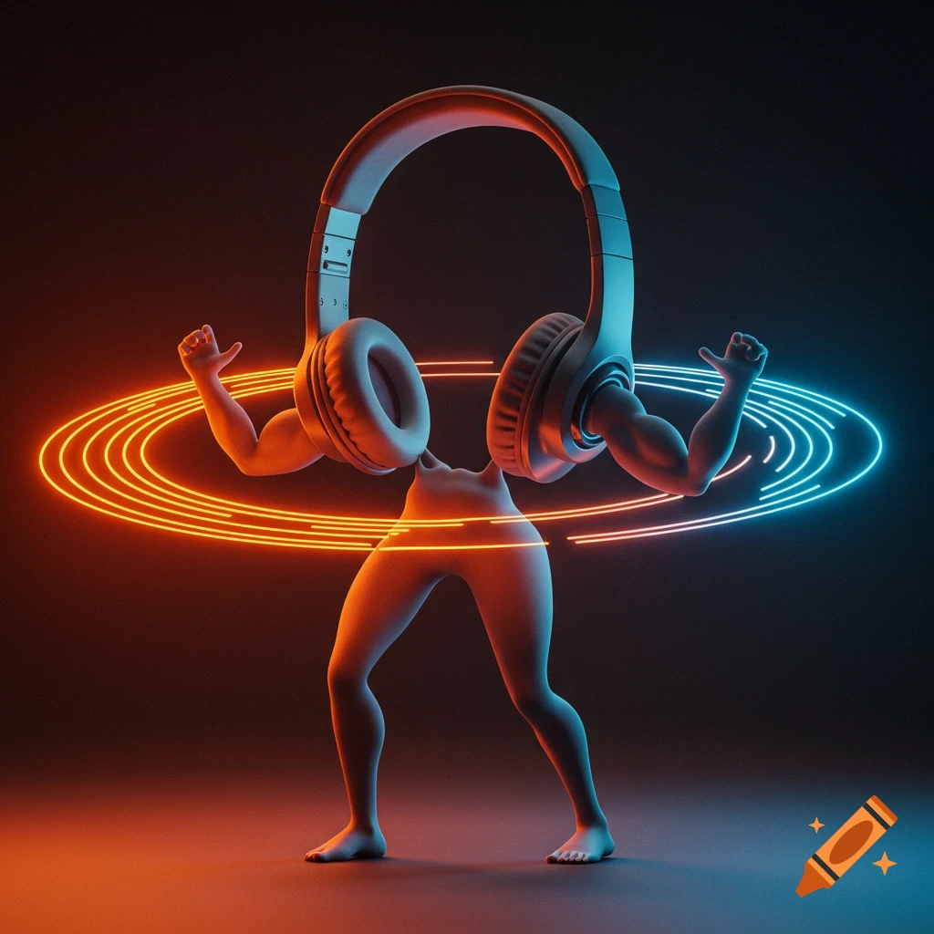A surreal headless figure made of headphones with muscular arms and stylized legs, surrounded by glowing orange and blue sound wave rings on a dark background.