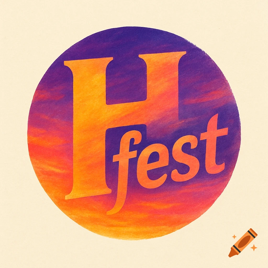 A circular logo for H fest in sunset colors, featuring a large 'H' with 'fest' overlapping it, with a textured background.