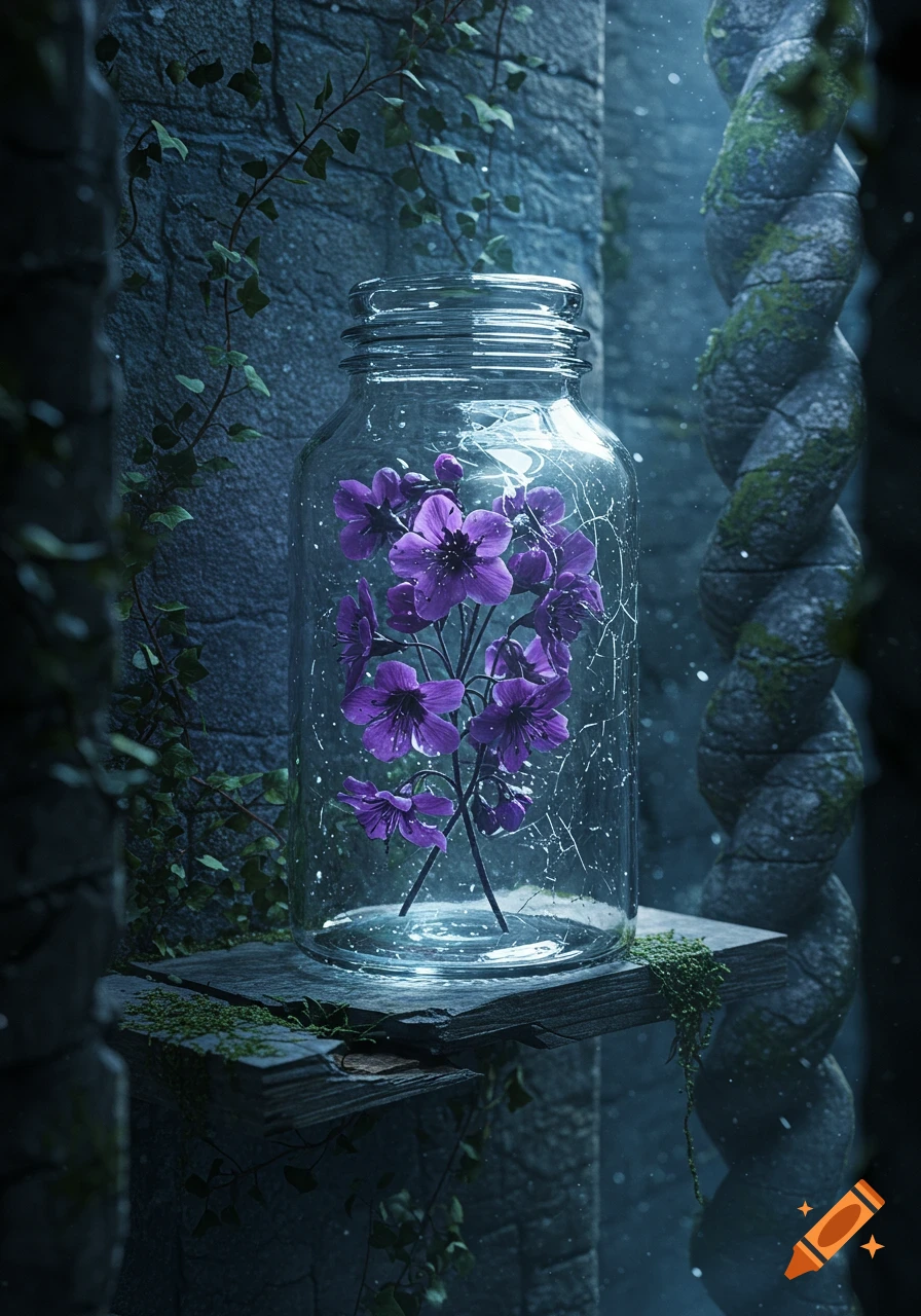 Glass jar containing glowing purple flowers on a mossy, broken stone shelf in an ancient, vine-covered fantasy labyrinth.