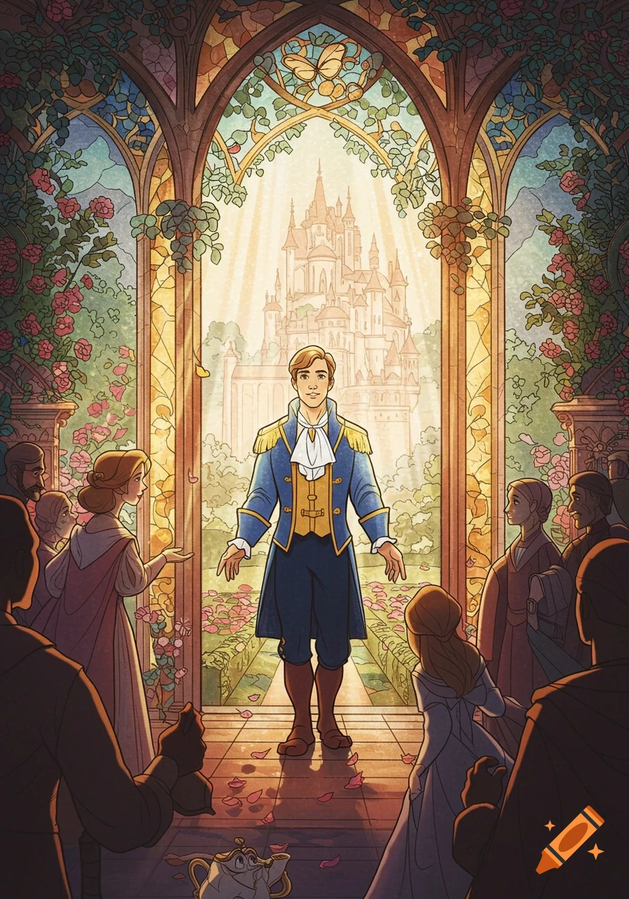 Prince Adam stands in a sunlit archway of a castle, surrounded by people, in a stained glass art style.