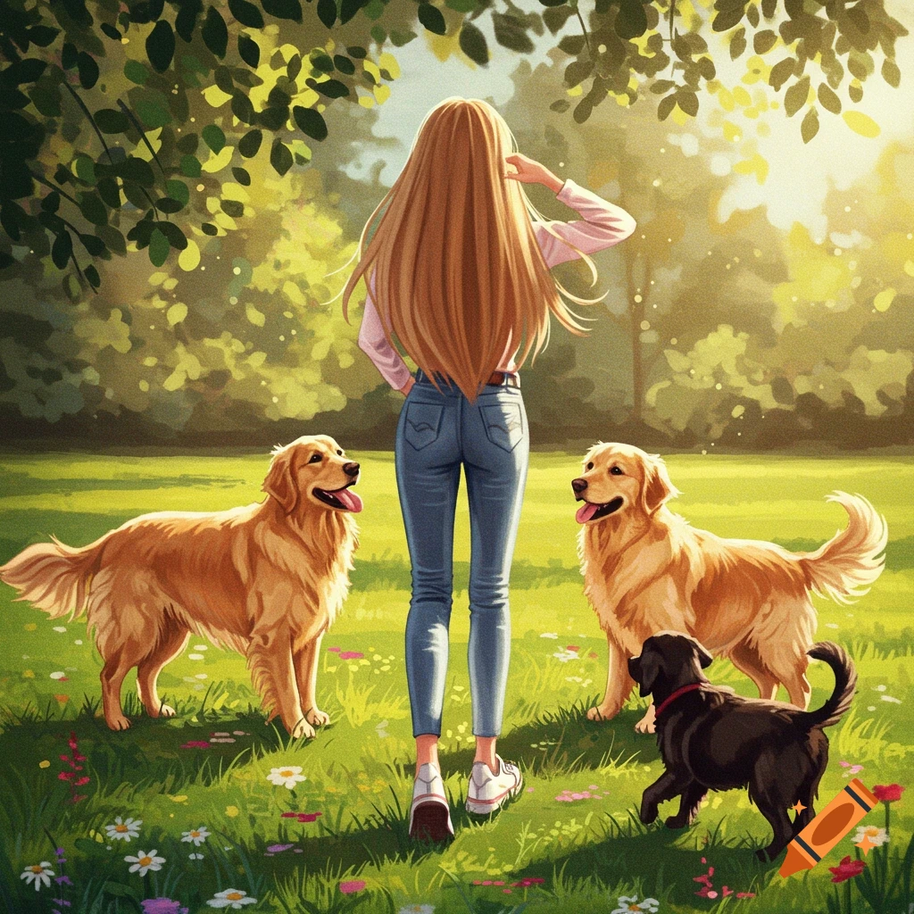 Illustrative image of a woman with long blonde hair standing in a sunny park with two golden retrievers and a black puppy.