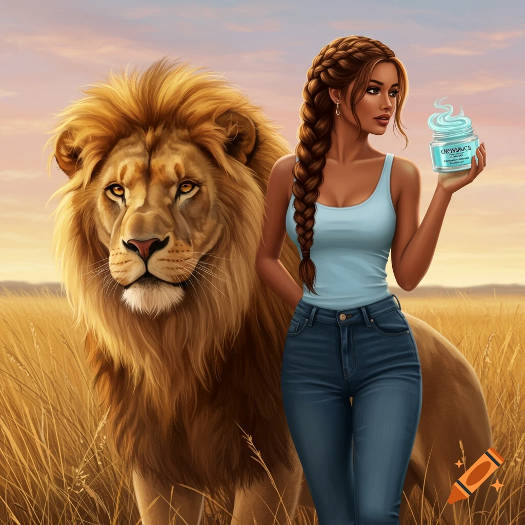 An illustrated woman with a long braid and a light blue tank top stands next to a lion in a savanna, holding a jar of hair gel.