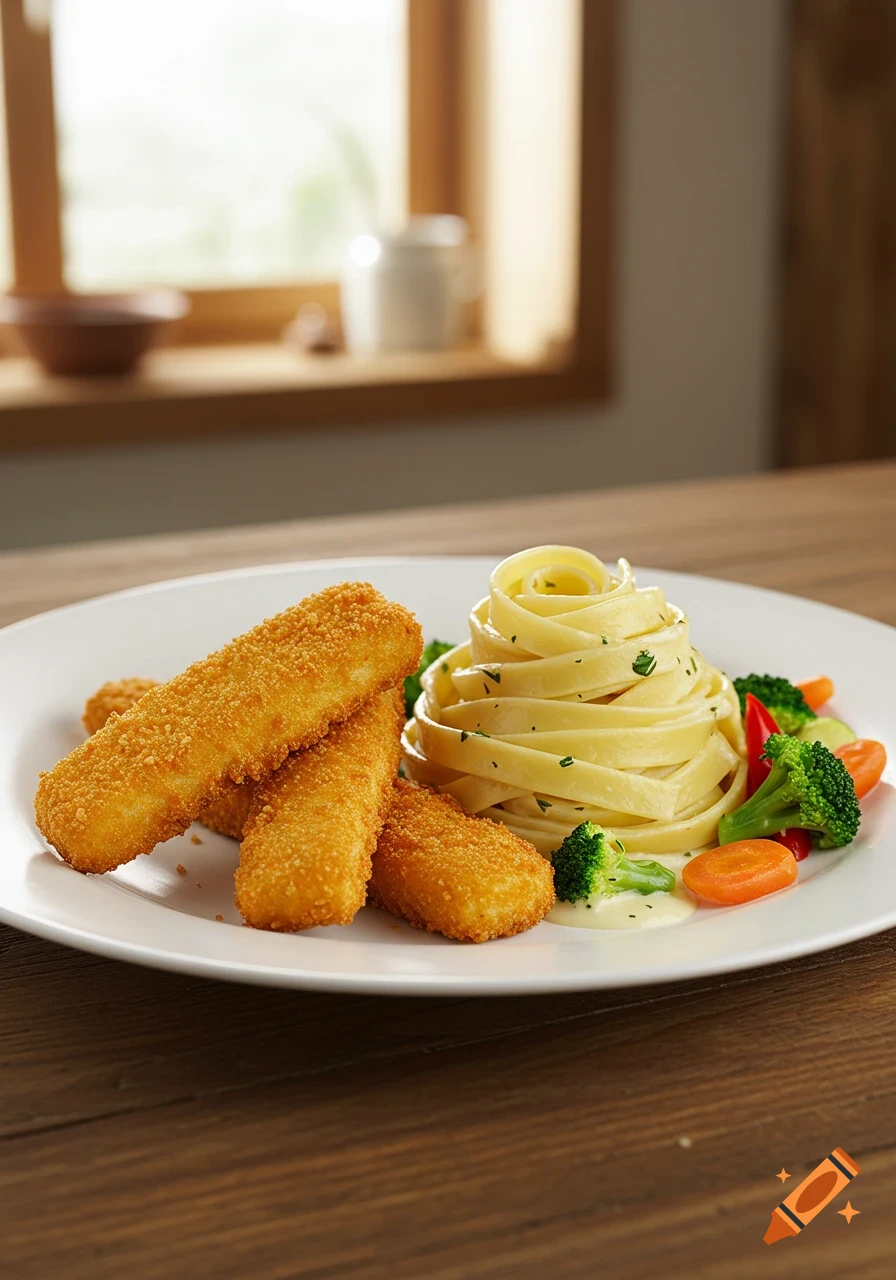 A plate of golden-brown fish sticks, a spiral of fettuccine pasta, and mixed vegetables with sauce on a wooden table.