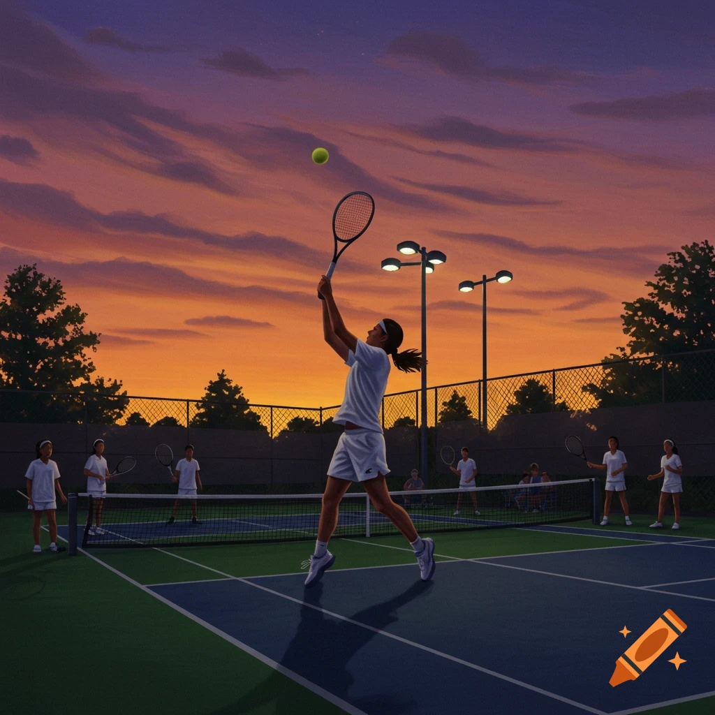 A tennis player serves on a court at sunset, with other players in the background. Illustration.