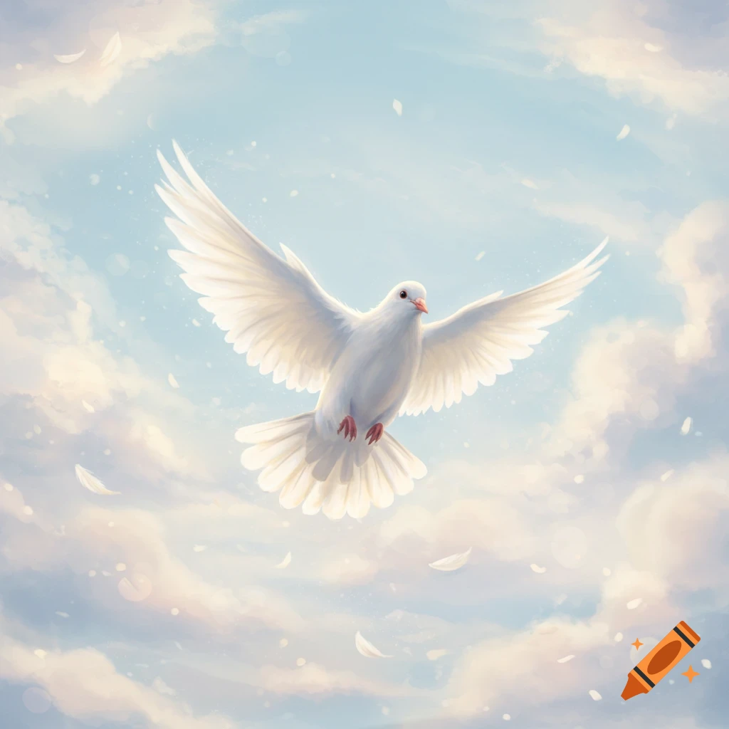 A white dove with outstretched wings flying upward through a soft blue sky with clouds and scattered feathers.