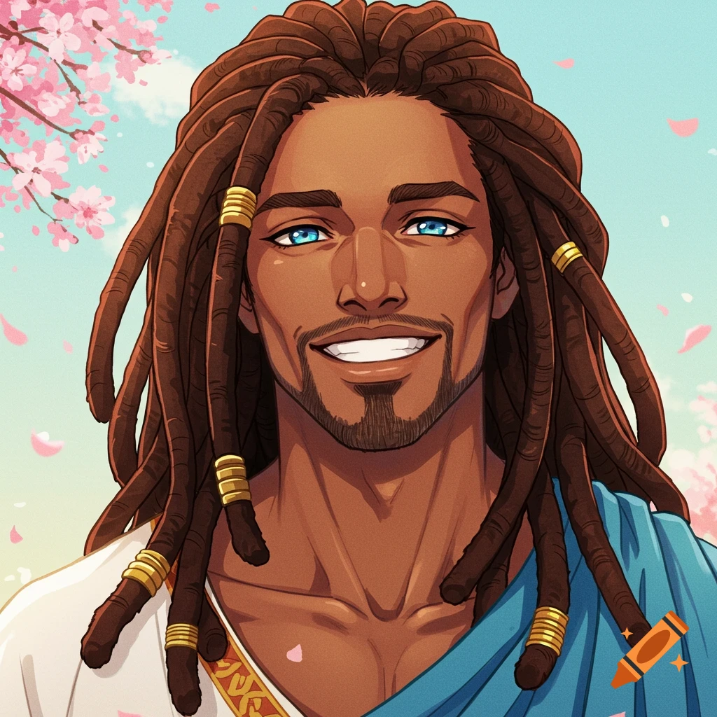 Anime portrait of a smiling man with dark skin, blue eyes, dreadlocks, and ancient attire, framed by cherry blossoms.