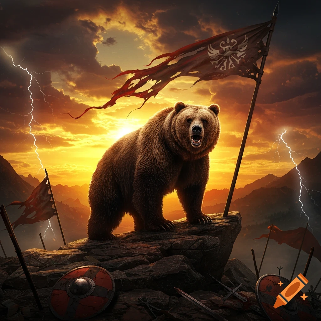 A fierce brown bear stands on a rocky peak amidst tattered flags and fallen shields, with lightning in a dramatic sunset sky. Photorealistic.