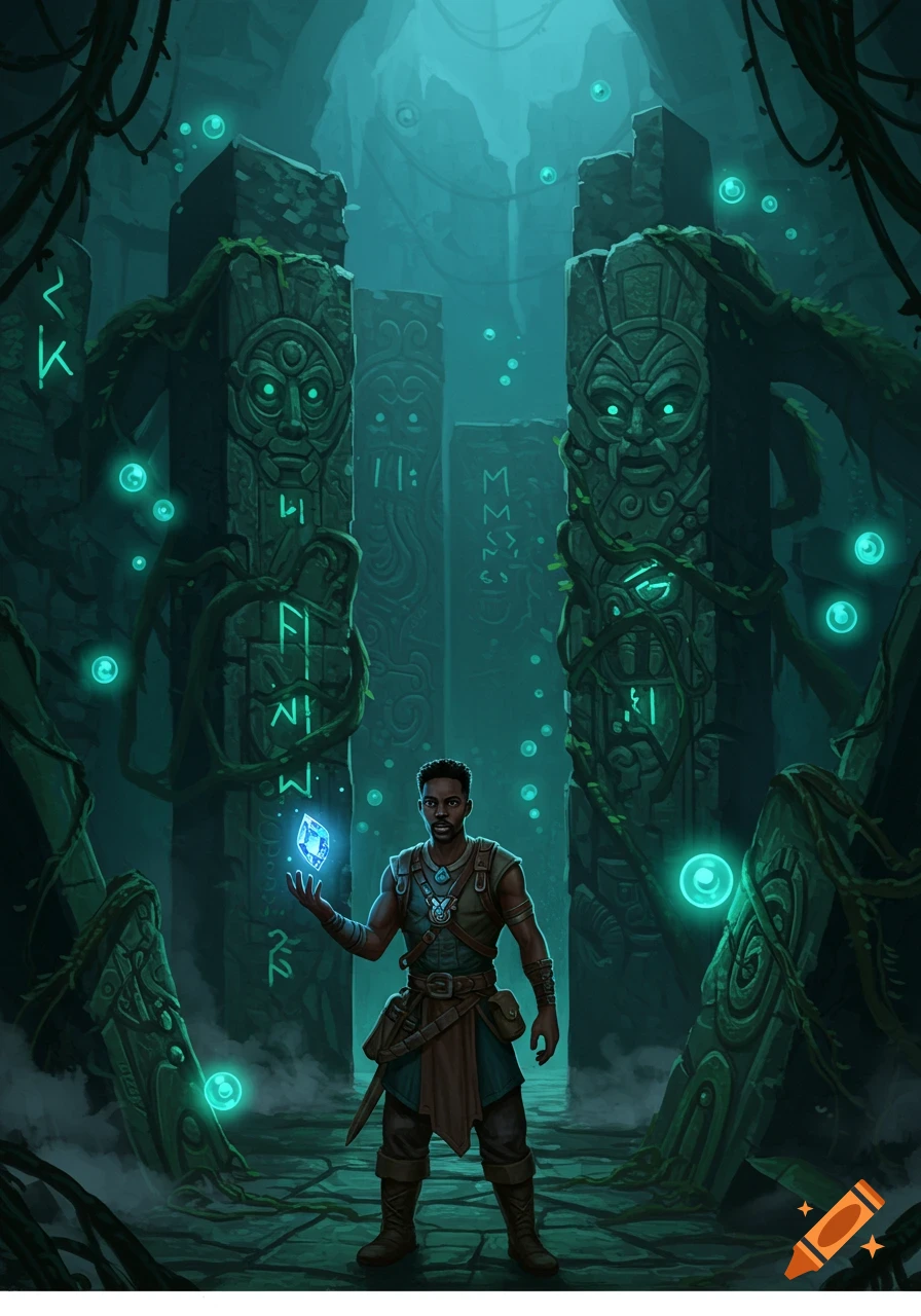 A black adventurer holding a glowing blue sapphire stands in a dark fantasy ruin with glowing runic pillars, digital art.