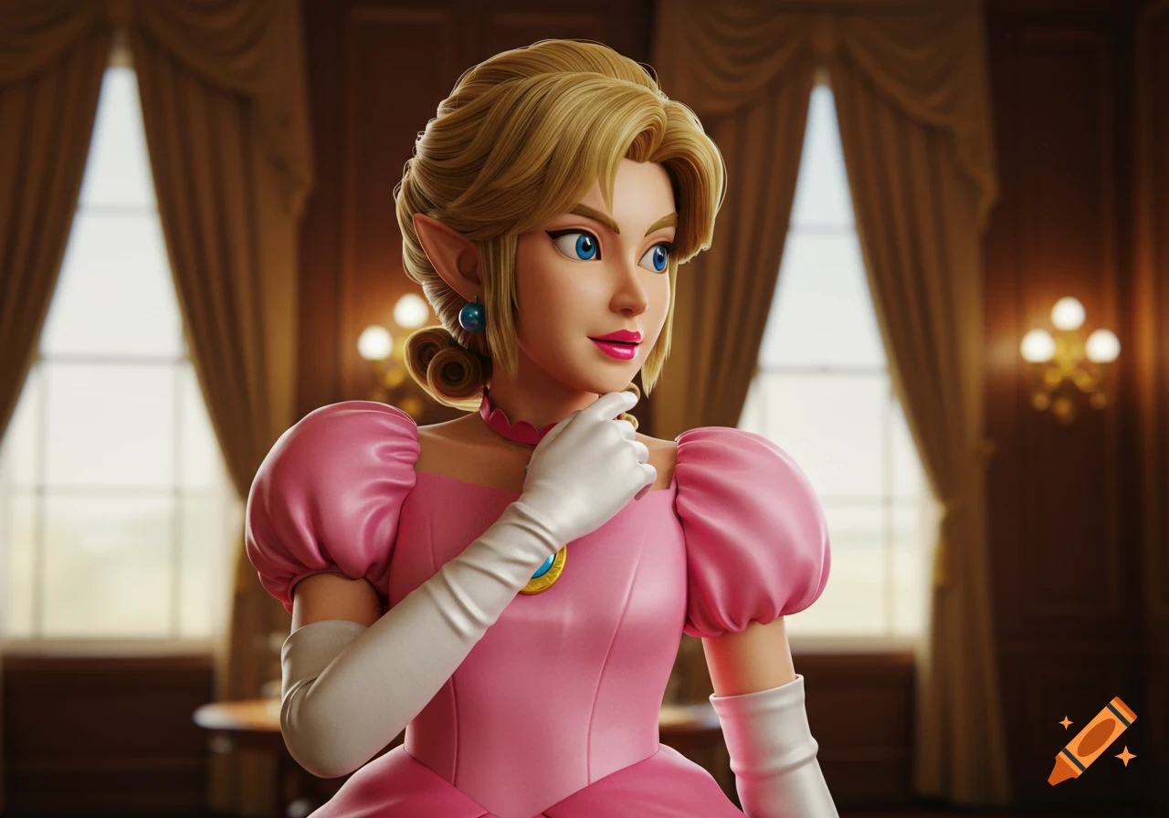 Link with blonde hair and elf ears, dressed in a pink ballgown and white opera gloves, stands in a mansion parlor in video game style.