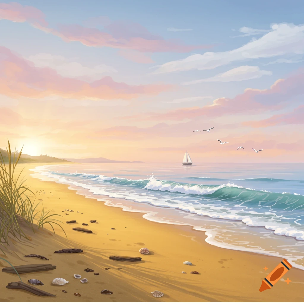 A colorful sunset bathes a sandy beach with gentle waves, driftwood, and seashells. A sailboat glides on the calm ocean with birds flying under a pastel sky.