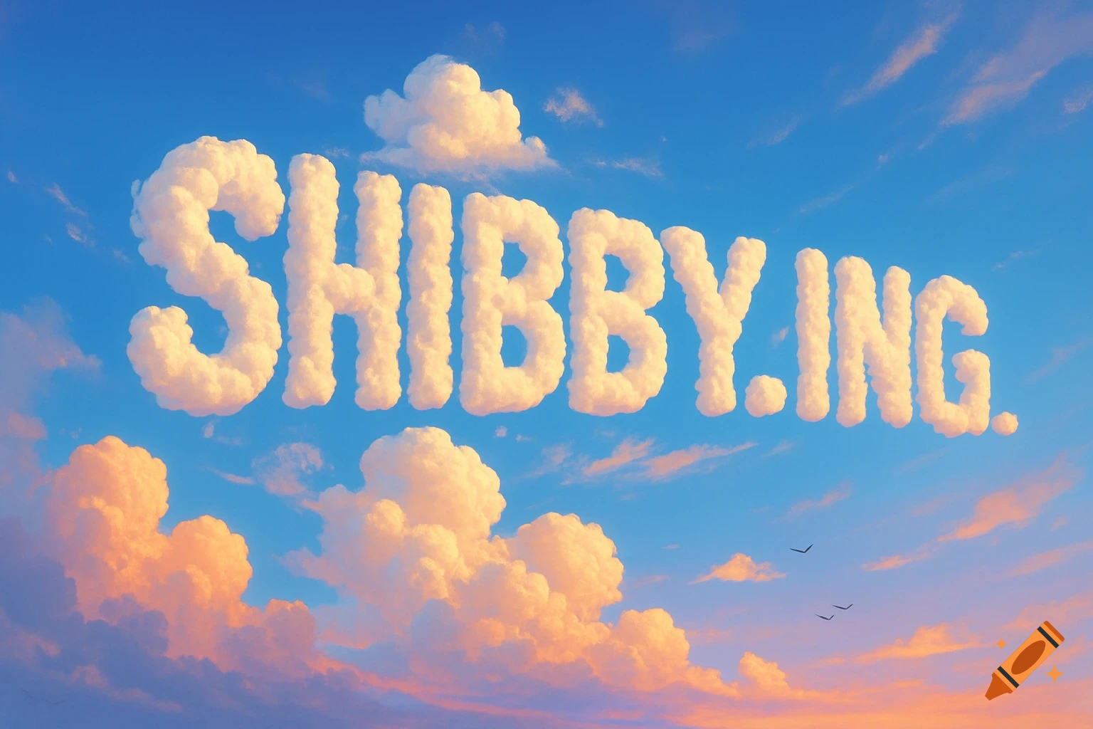 The word 'SHIBBY.ING.' formed by puffy white clouds against a blue sky with orange sunset clouds below, and birds flying.
