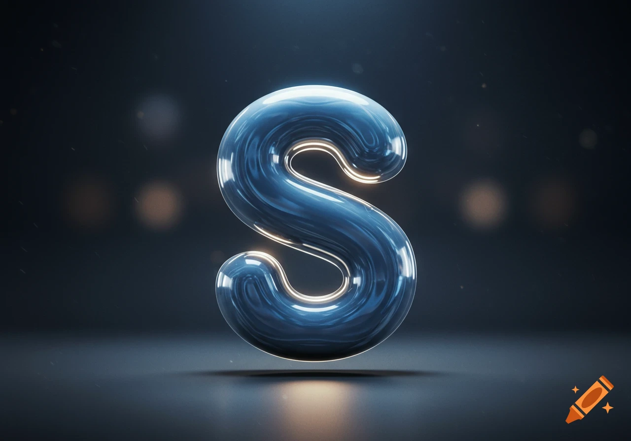A shiny, blue, liquid-like 3D rendered letter 'S' with glowing edges, set against a dark background.