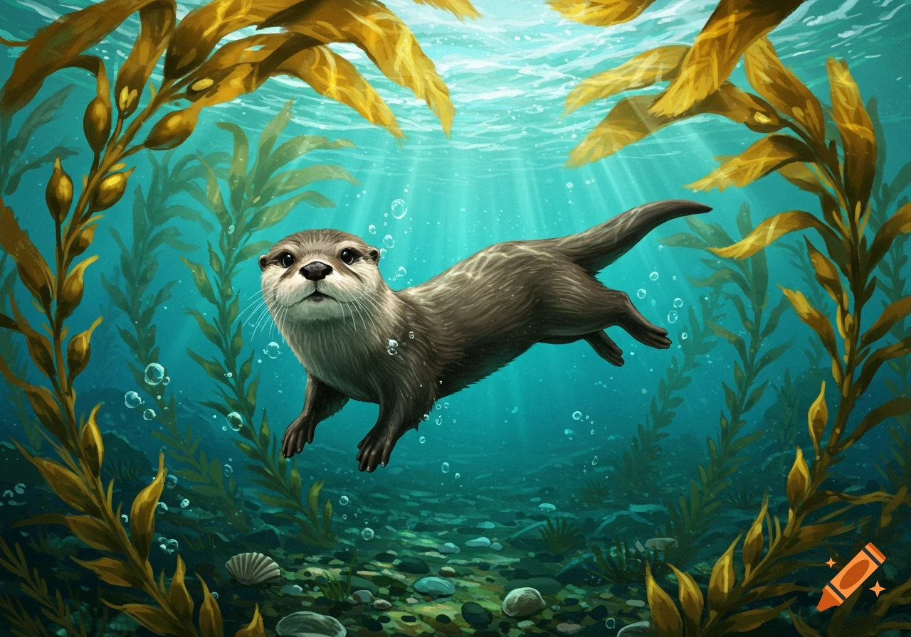 Cute otter swims gracefully through a vibrant kelp forest underwater, light rays dappling the scene, illustration style.