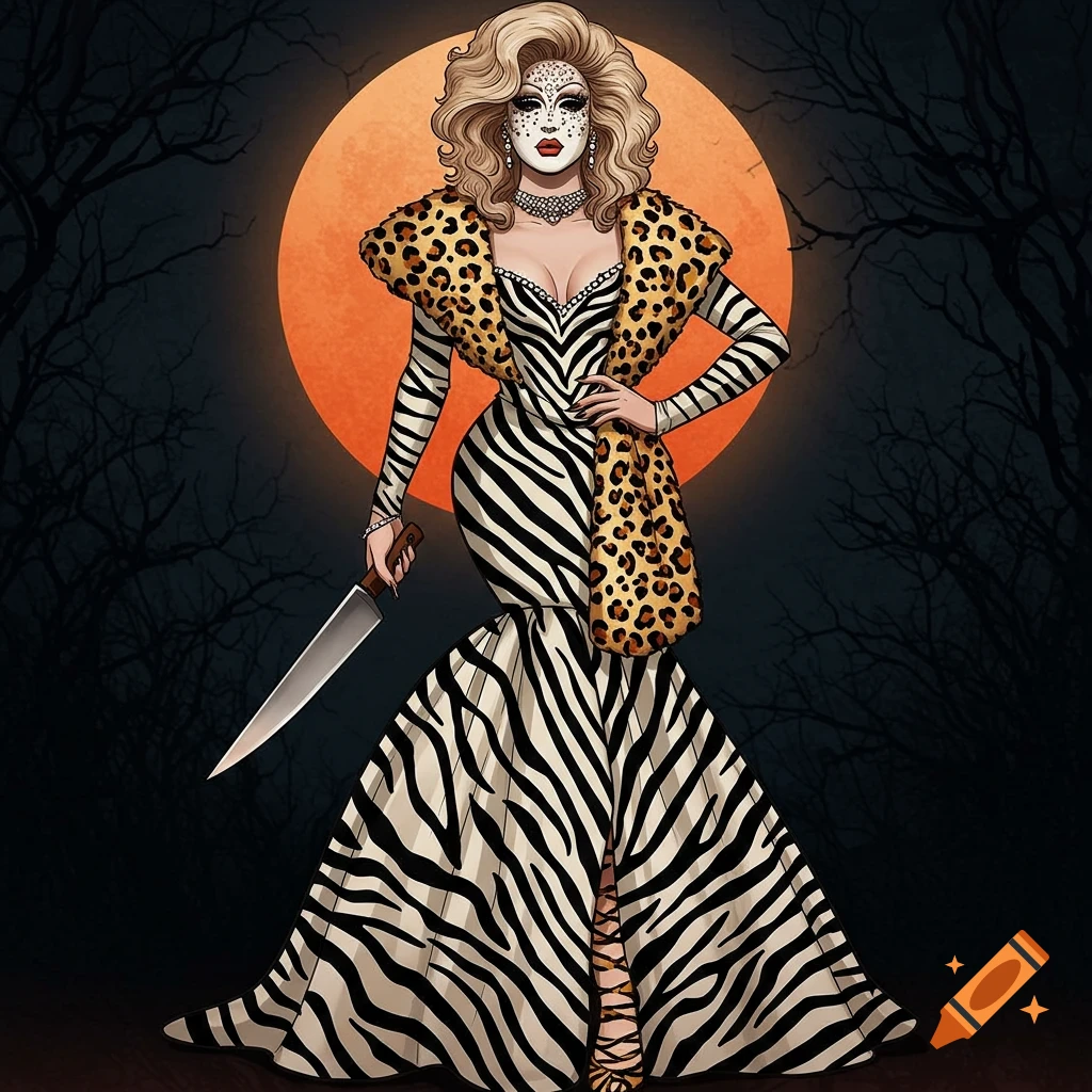 Illustration of a drag queen in zebra and leopard print, white mask, blonde hair, holding a knife against an orange moon and dark trees.