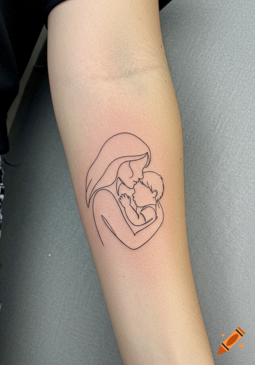 Minimalist line art tattoo of a mother embracing her baby on a person's forearm.