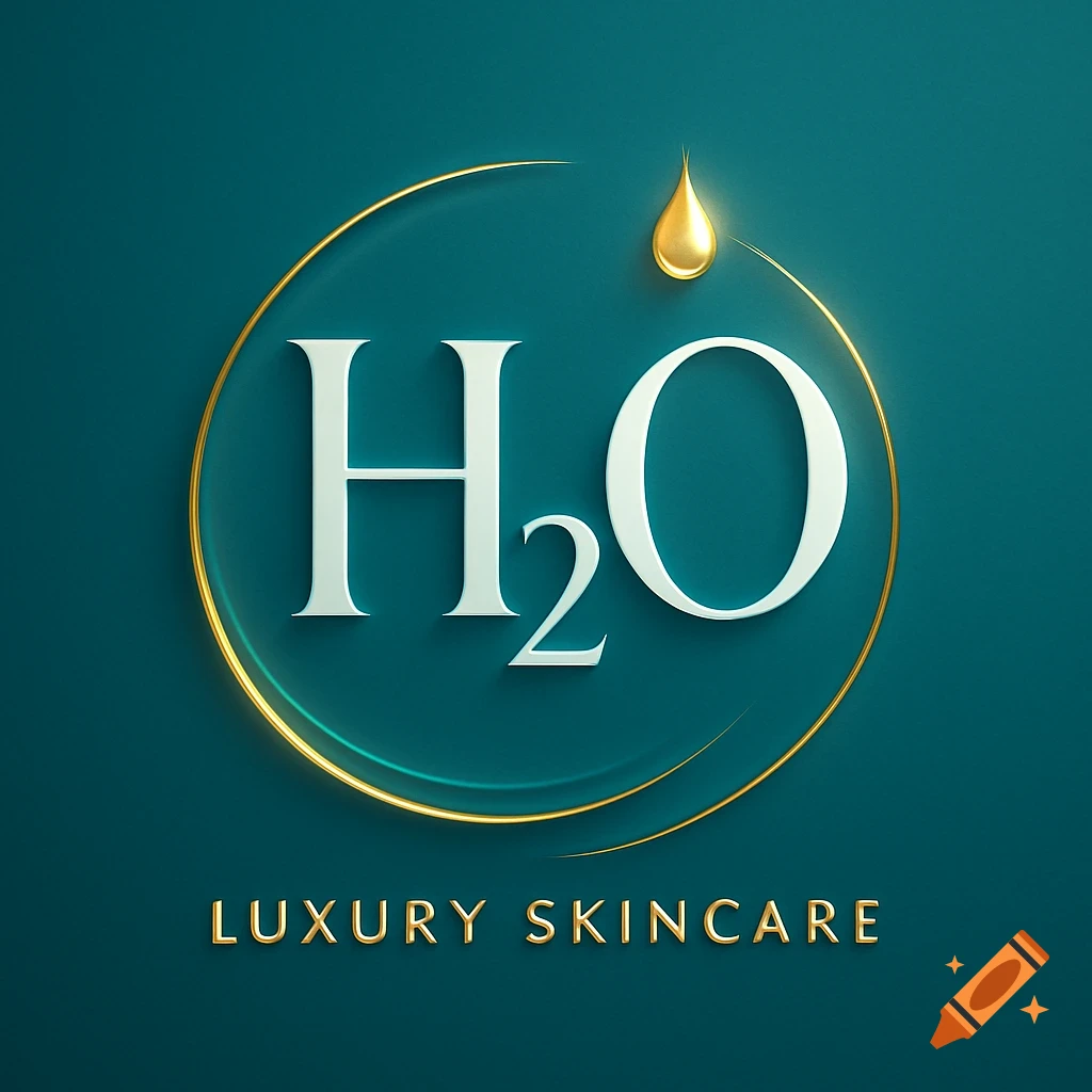 Luxury H2O skincare logo with white text, a gold droplet, and a circular gold border on a teal background.
