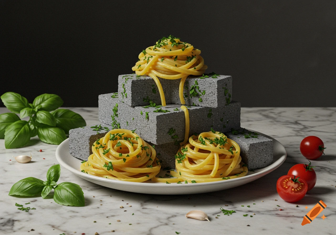 A surreal still life of spaghetti arranged on tiered cinderblocks, with basil, garlic, and tomatoes on a marble counter.