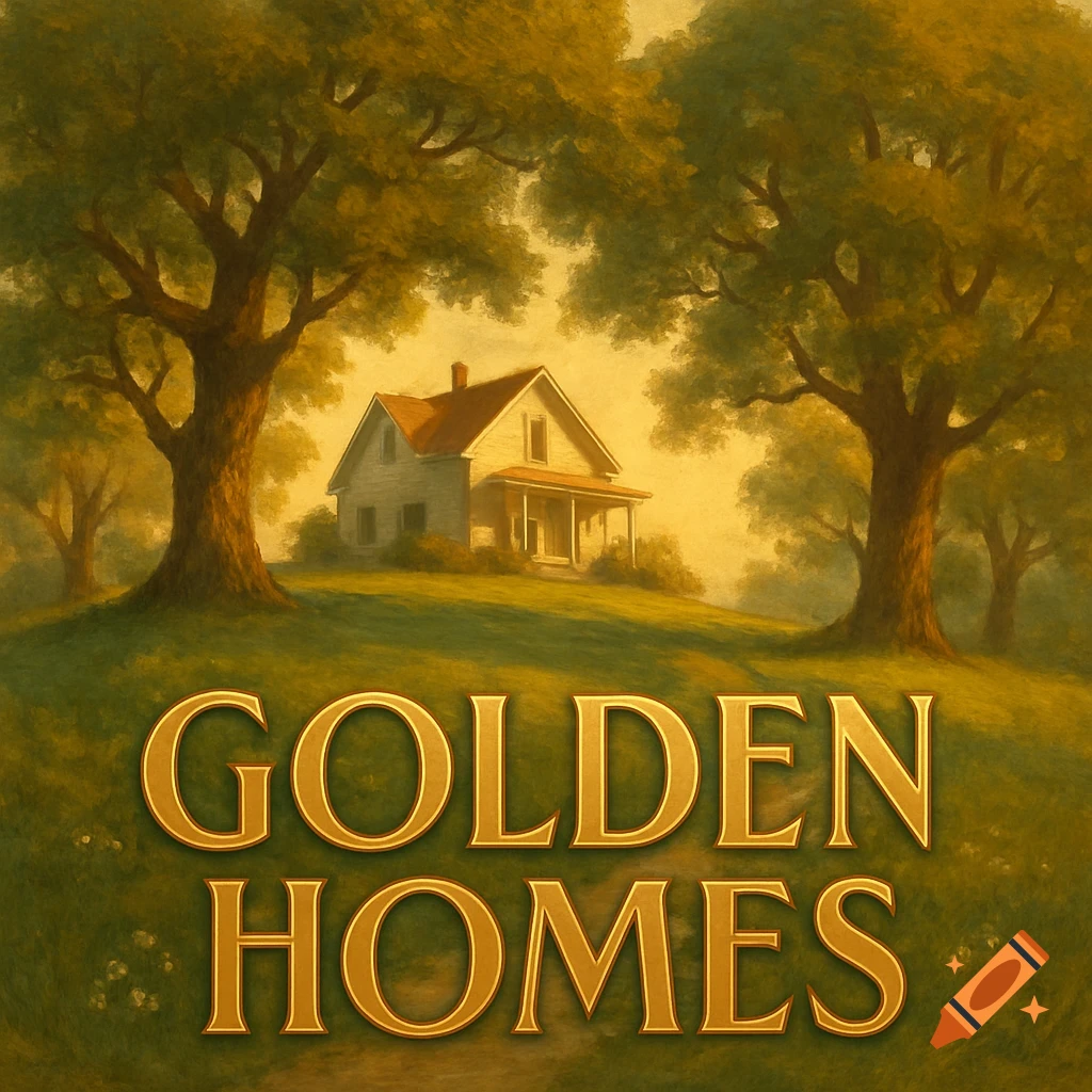 A golden hour painting of a 1920s country home on a hill surrounded by oak trees, with 'GOLDEN HOMES' text.