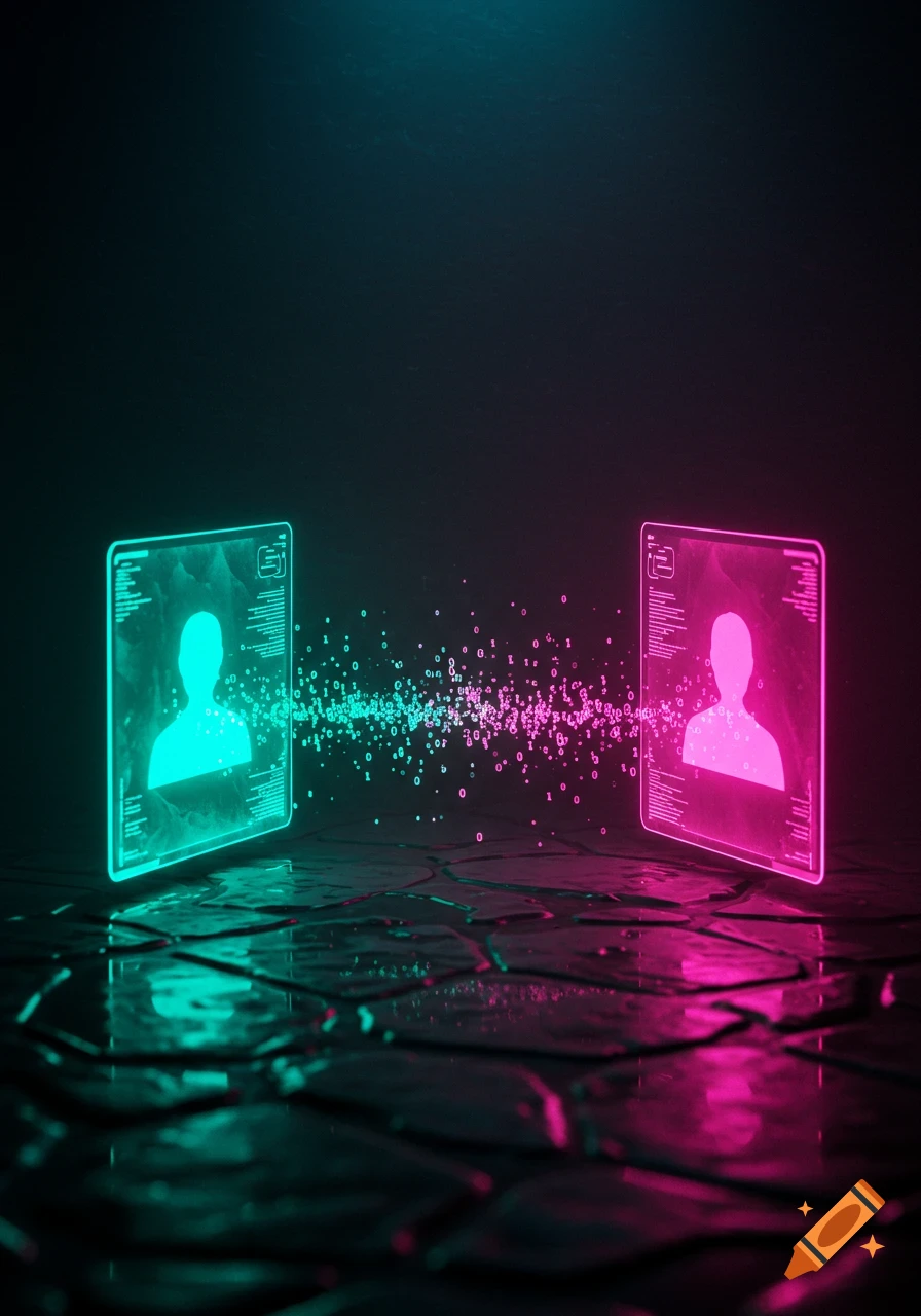 Glowing teal and pink screens with user silhouettes and binary code. Data particles transfer between them in a dark, futuristic setting.