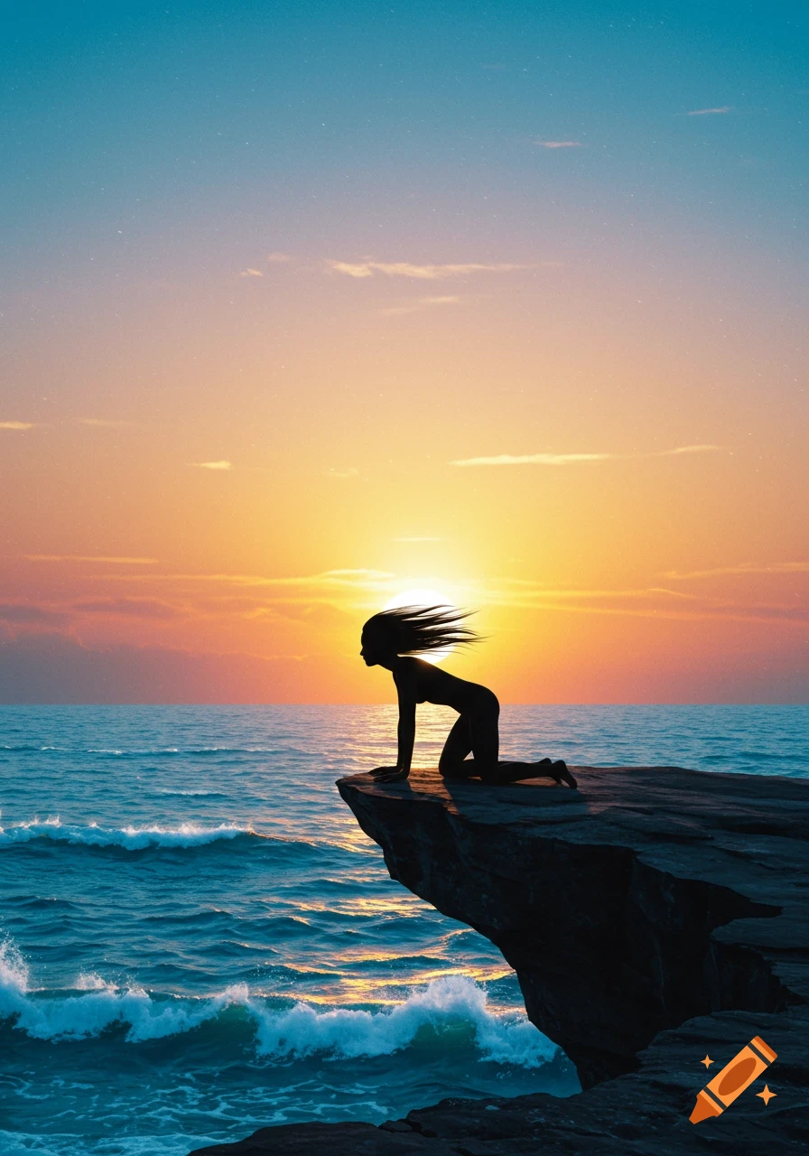 A silhouetted person on all fours on a cliff edge overlooking the ocean during a vibrant sunset, with wind blowing their hair.
